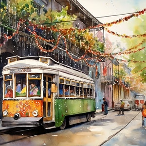 Pintura de bonde em aquarela de Nova Orleans, impressão artística de carnaval, pôster de paisagem urbana de bonde