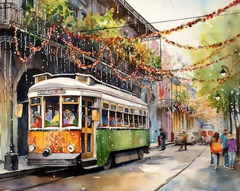 New Orleans schilderij tram aquarel Mardi Gras Art Print Tram Art Cityscape Poster