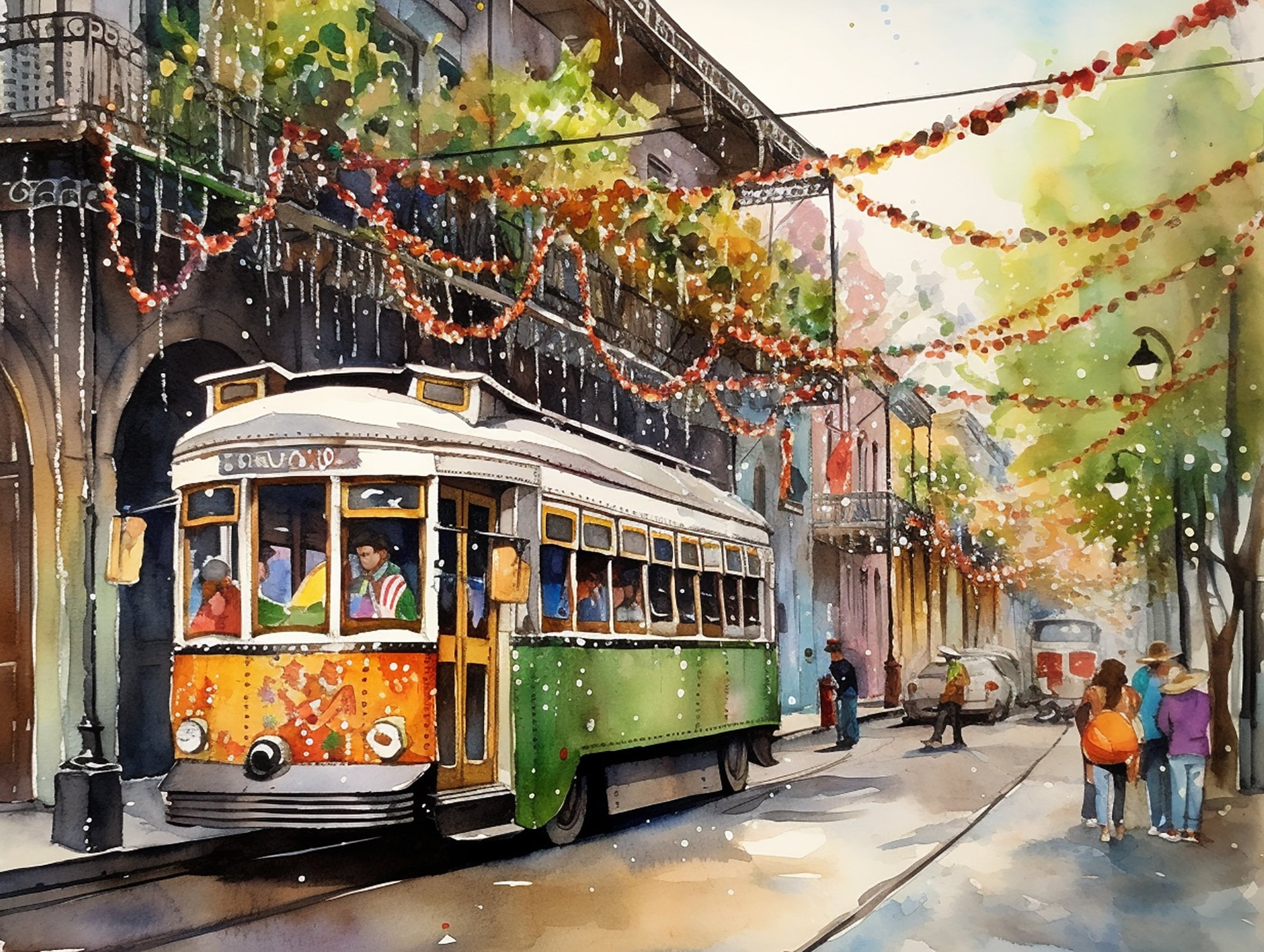 New Orleans Painting Streetcar Watercolor Mardi Gras Art Print Tram Art Cityscape Poster
