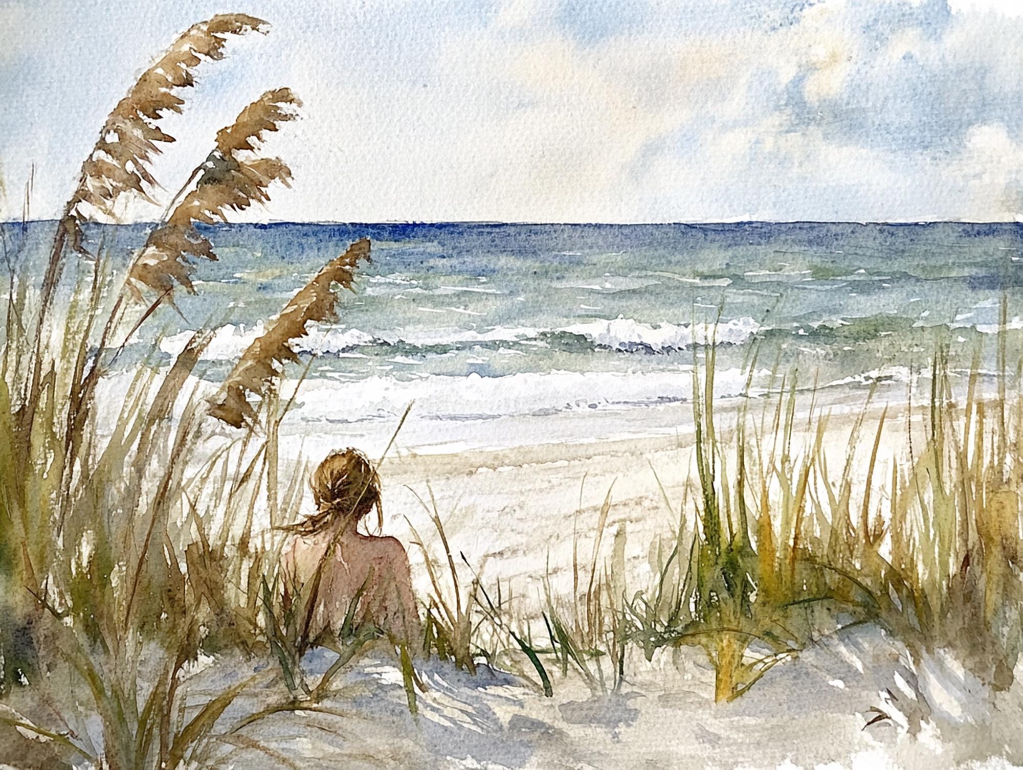 サーフシティの絵画、ビーチの砂丘の水彩画アートプリント