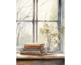 Pintura de libros Libros antiguos en el alféizar de una ventana Impresión artística de acuarela Obra de arte de la biblioteca del hogar Decoración de pared rústica Arte de pared de granja