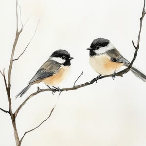 May include: Two black-capped chickadees perched on a bare branch against a white background. The birds are facing each other, with their heads tilted slightly. The painting is done in a watercolor style, with soft, delicate brushstrokes.