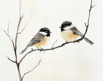 Couple Birds Painting Chickadee Watercolor Art Print Tree Wall Art Two Birds On Branch Art Winter Wall Decor