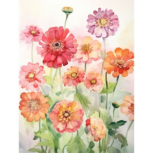 May include: Watercolor painting of a bouquet of pink, orange, and red flowers. The flowers are arranged in a vase and have green stems and leaves.