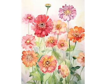 Zinnia Painting Floral Watercolor Art Print Botanical Wall Art Zinnias Flower Art Farmhouse Wall Decor