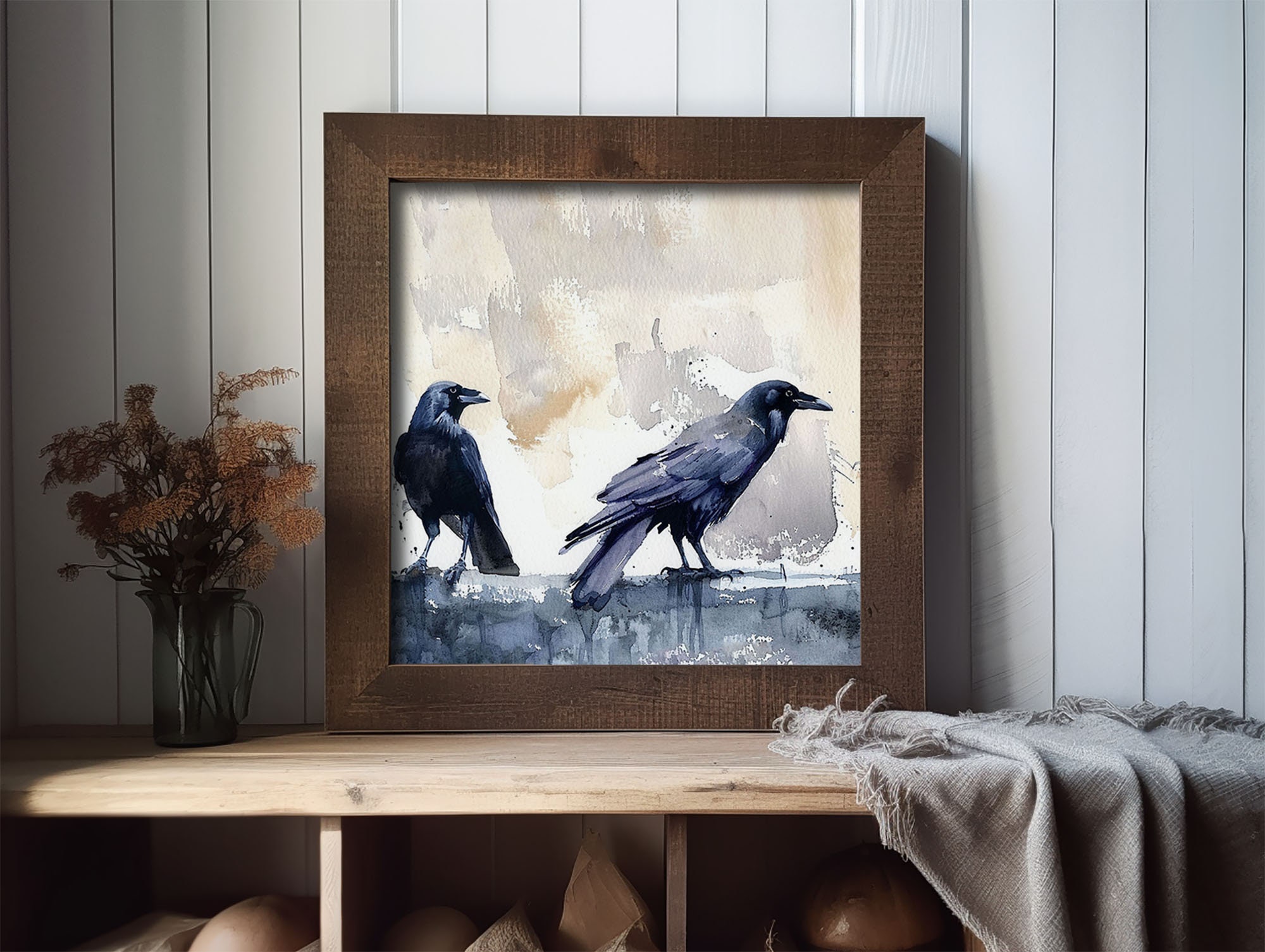 カラスの絵画 鳥のアートプリント ワタリガラスの水彩画 アート 黒い