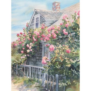 Impression d&#39;art Cape Cod, maison de plage, aquarelle, roses, jardin, art mural, décoration murale d&#39;été, cadeaux personnalisés