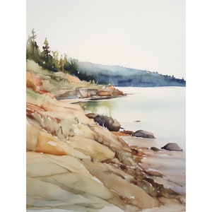 Lake Superior Watercolor Painting Rock Shoreline Wall Art Great Lakes Landscape Michigan Art Print