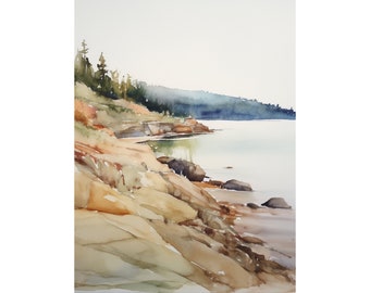 Lake Superior Watercolor Painting Rock Shoreline Wall Art Great Lakes Landscape Michigan Art Print