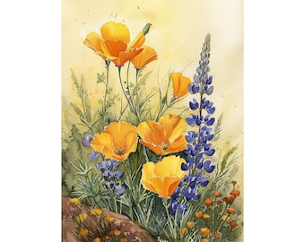 Pintura de amapola de California, arte de acuarela de lupino, impresión de arte de pared de prado de flores, arte de pared floral de primavera, pintura de campo