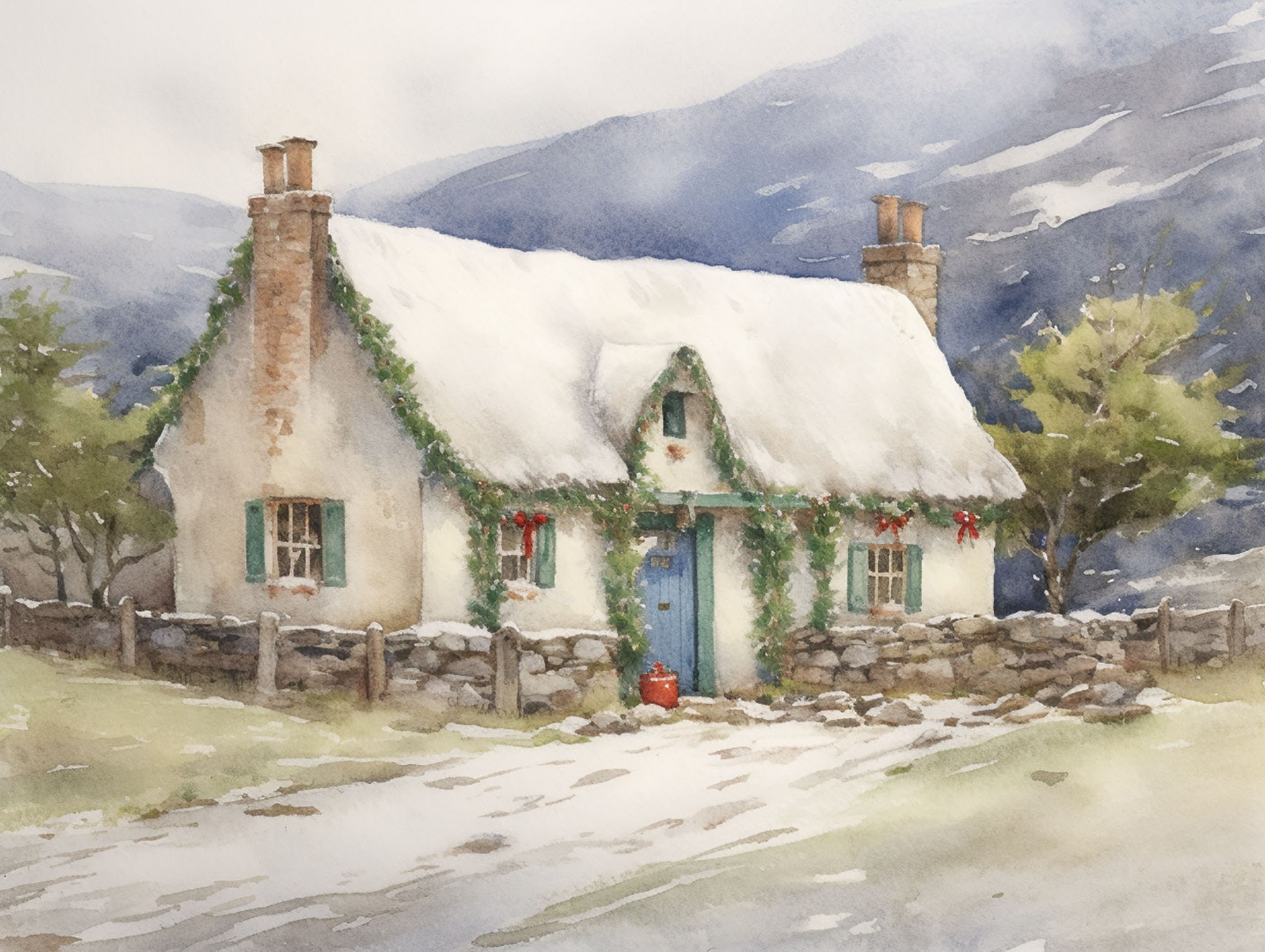クリスマスコテージの絵画 アイルランドの風景 アイルランドのクリスマスの壁飾り ヴィンテージ 冬の水彩画 アイルランド高地のアートワーク
