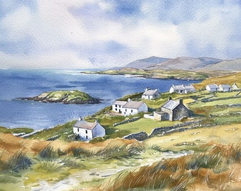 May include: A watercolor painting of a coastal scene with white houses clustered on a hillside overlooking a blue bay. The houses are surrounded by green grass and stone walls. In the distance, a mountain range rises up against a cloudy sky.