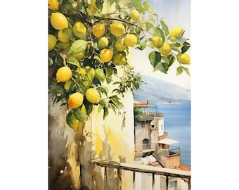 Aquarelle de Positano, art mural de citronnier, peinture de la côte amalfitaine, impression de paysage urbain italien, oeuvre d'art de l'Italie