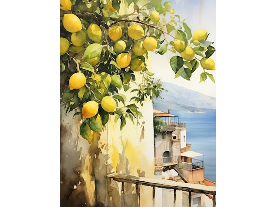 V. G. Palumbo 水彩画 Il Ciclope di Appi ポジターノの水彩画、レモンの木の壁アート、アマルフィ海岸の絵画