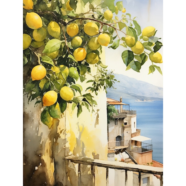 Positano Watercolor Lemon Tree Wall Art Amalfi Coast Painting Italian Cityscape Print Italy Artwork