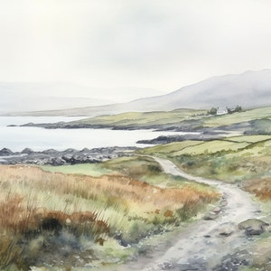 ディングル半島の水彩画 アイルランドの風景画 アイルランドの農地の壁画 緑の丘のアートワーク
