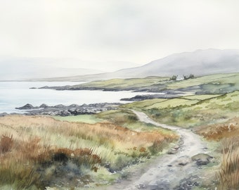 Péninsule de Dingle aquarelle peinture Irlande paysage impression irlandais terres agricoles Wall Art Green Hills oeuvre