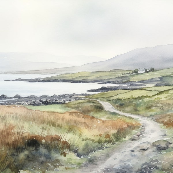 Dingle Peninsula Watercolor Painting Ireland Landscape Print Irish Farmland Wall Art Green Hills Artwork