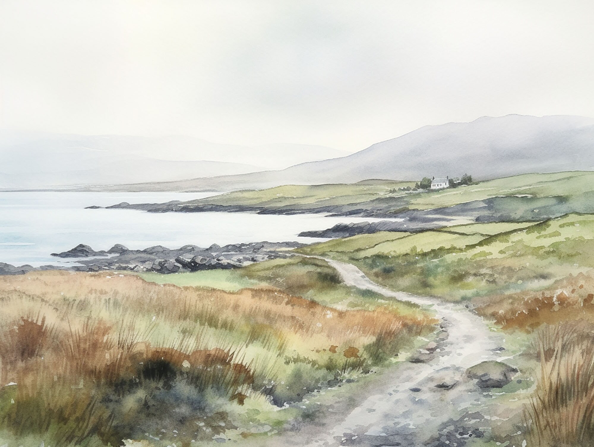Dingle Peninsula Watercolor Painting Ireland Landscape Print Irish Farmland Wall Art Green Hills Artwork