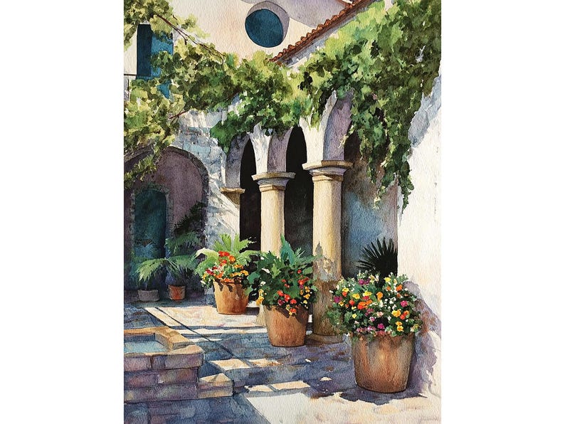 Mediterranean Courtyard Watercolor Print on Paper Arched Patio Villa ...