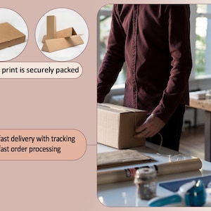 May include: A person carefully packages a brown cardboard box with twine. The box is on a table with other packaging materials, including brown paper and a tape dispenser. The text "each print is securely packed" is visible in the image.