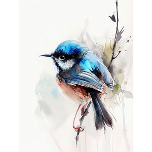 妖精のレンの絵画 鳥 水彩画 アートプリント 枝に止まる鳥 アート 子供部屋 壁飾り