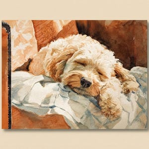 May include: Watercolor painting of a sleeping dog with light brown fur, resting on a blue and white patterned pillow. The dog's eyes are closed, and its nose is dark brown. The background features warm orange and brown tones.