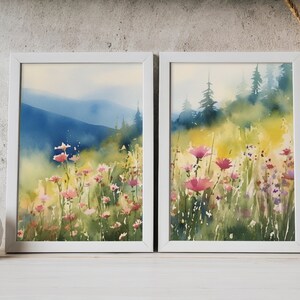 Large Floral Wall Art Set Of 2 Pink Idaho Wildflowers Landscape Watercolor Mountain Forest Art Meadow Flowers Field Prints Set image 3