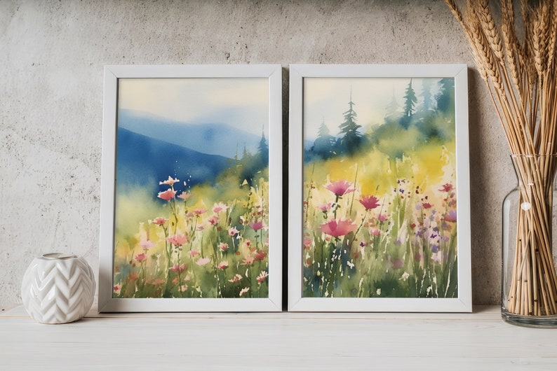 Large Floral Wall Art Set Of 2 Pink Idaho Wildflowers Landscape Watercolor Mountain Forest Art Meadow Flowers Field Prints Set image 3