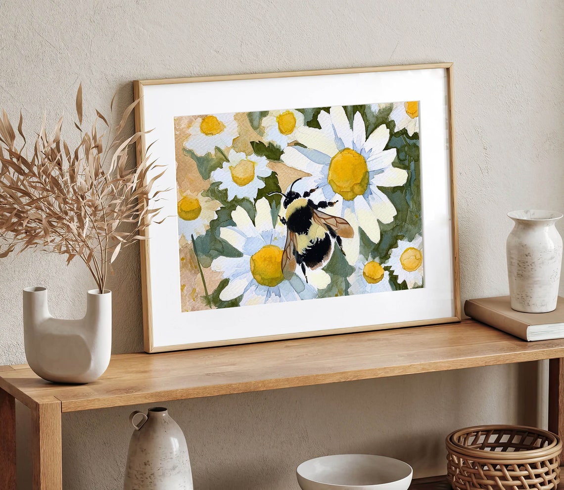 Bumble Bee Painting Daisy Watercolor Art Print Flower Meadow Wall Art ...