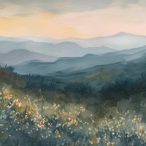Smoky Mountains Painting Spring Flowers Watercolor Art Print Appalachian Mountains Landscape Wall Art Mountain Forest Print