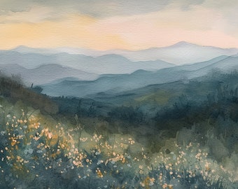 Smoky Mountains, peinture fleurs printanières, impression d'art aquarelle, paysage des Appalaches, impression d'art mural montagne forêt