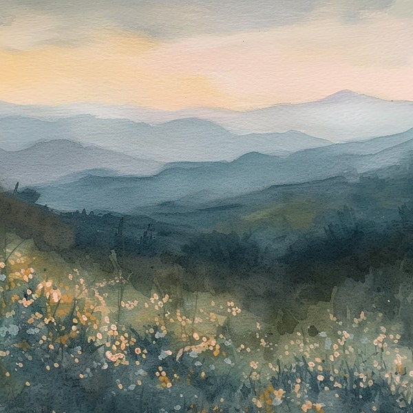 Pintura de las Montañas Humeantes Flores de Primavera Acuarela Lámina Arte Paisaje de las Montañas Apalaches Arte de Pared Bosque de Montaña Lámina