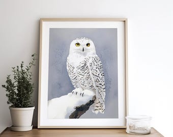 シロフクロウの絵画 冬の鳥 水彩画 アートプリント 野生動物 ウォール