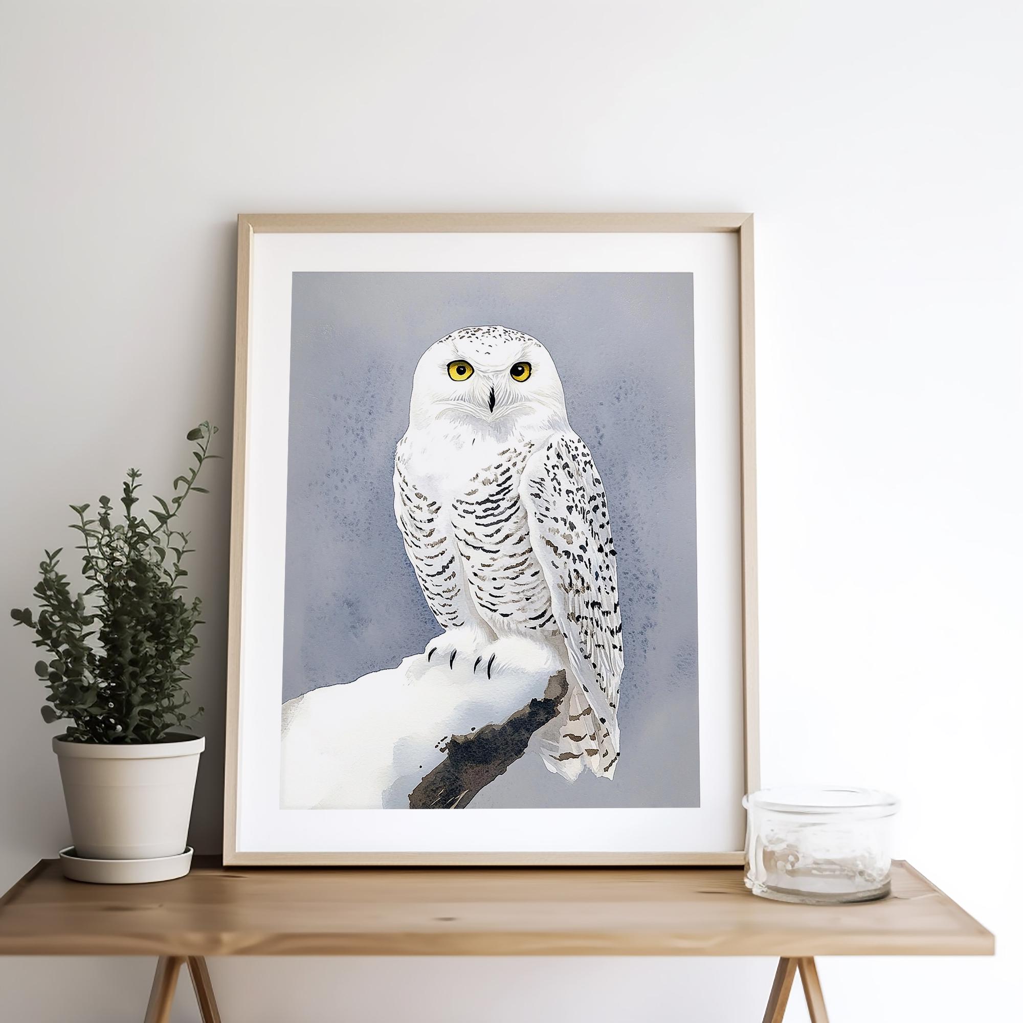 シロフクロウの絵画 冬の鳥 水彩画 アートプリント 野生動物 ウォール