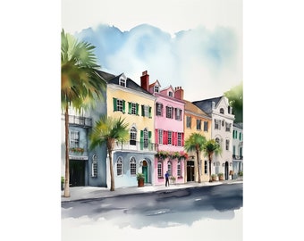 Rainbow Row Watercolor Charleston Cityscape Art Print South Carolina Painting Colorful Houses Landscape Wall Art