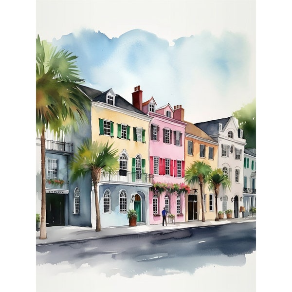 Rainbow Row Aquarell Charleston Stadtbild South Carolina Malerei Bunte Häuser Landschaft Wandkunst