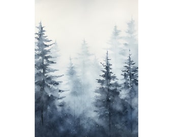 Impresión artística de acuarela sobre papel con diseño de bosque de pinos brumoso, árboles azules brumosos, arte de pared, decoración minimalista nórdica
