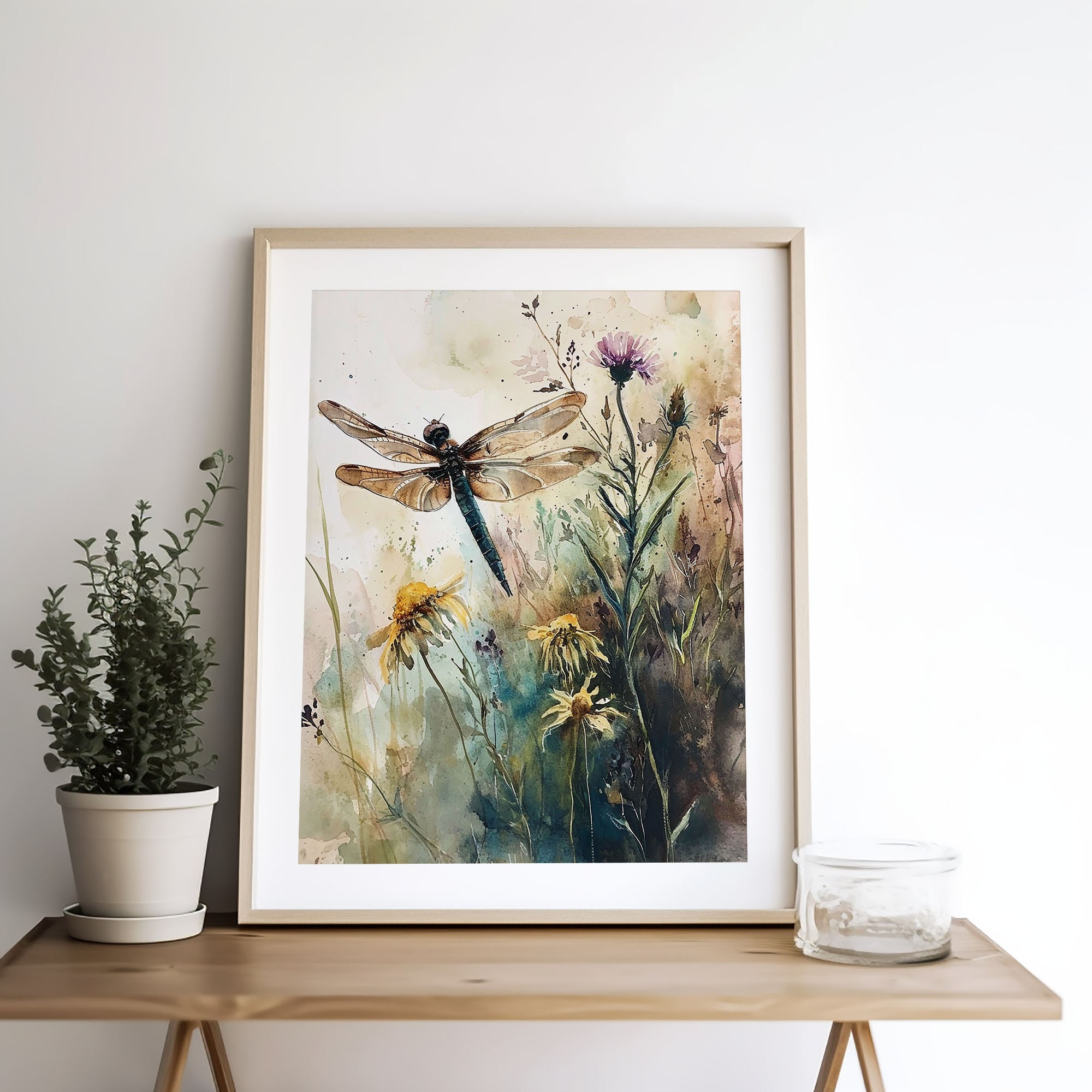 花とトンボのアートプレート トンボの絵画、野の花の水彩画、草原の壁アートプリント、抽象的な花の