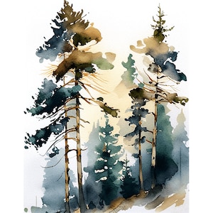 Impresión artística de acuarela de pino de la pintura original Arte mural de paisaje de Vermont Póster de bosque brumoso Impresiones de pinos