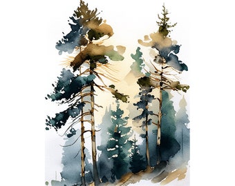 Pine Tree Watercolor Art print From Original Painting Vermont Landscape Wall Art Foggy Forest Poster Pine Trees Prints