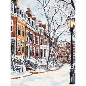 Beacon Hill Painting Boston Watercolor Art Print Winter Street Scene Illustration Cityscape Wall Art Massachusetts Print