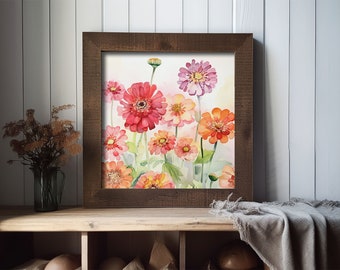油絵　専用　ジニアがいっぱい ジニアの絵画 花の水彩画 アートプリント 植物の壁アート ジニアの花の
