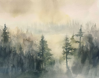 Misty Forest Watercolor Painting Print Foggy Pine Landscape Wall Art Organic Modern Japandi Quiet Luxury Bedroom Decor