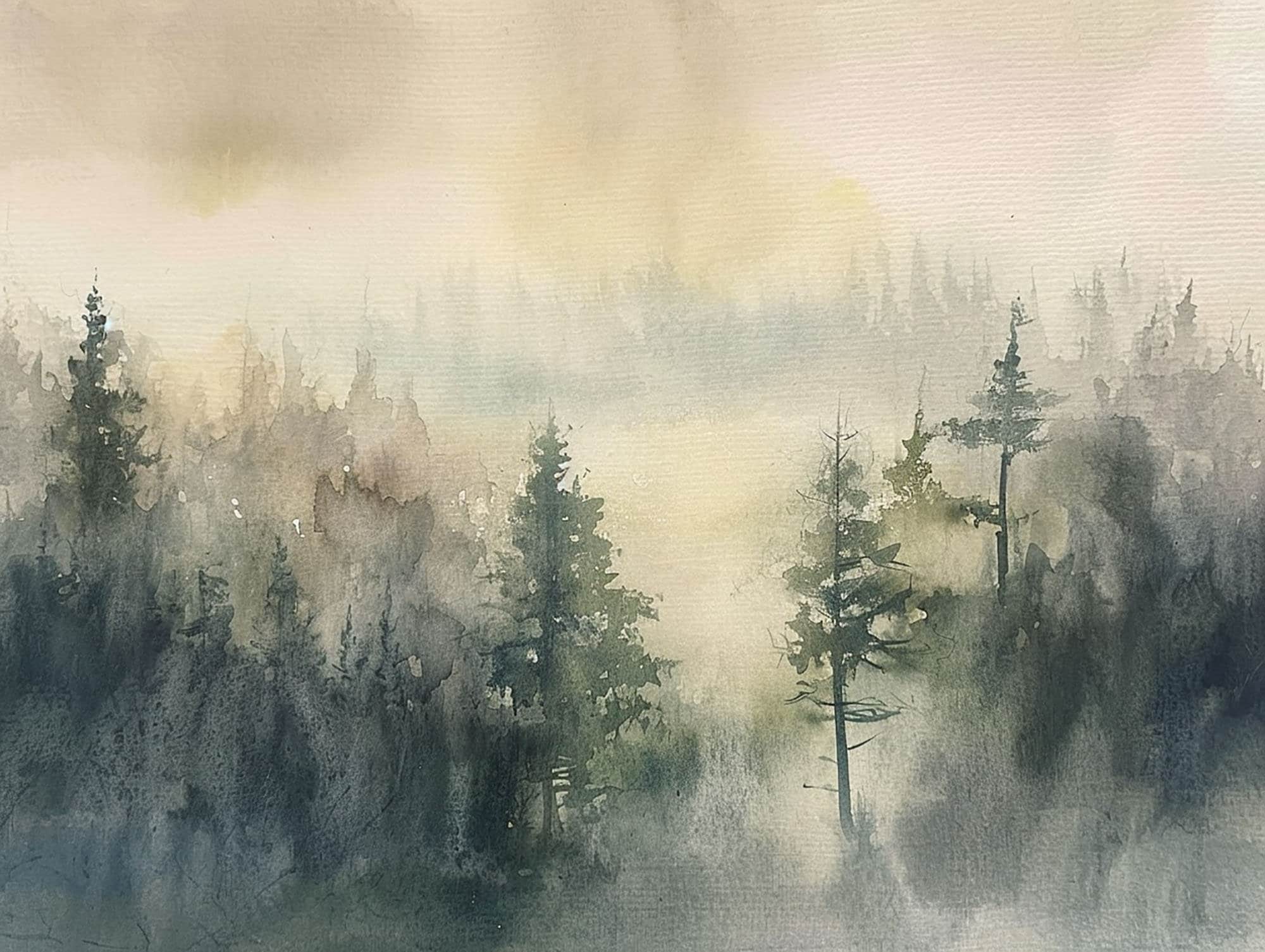 Misty Forest Watercolor Painting Print Foggy Pine Landscape Wall Art ...