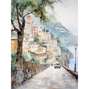 Positano Watercolor Print Road To City Painting Amalfi Coast Landscape Wall Art Cinque Terre Cityscape Art Print Street Artwork