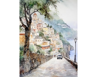 Impression aquarelle Positano Road to City, peinture paysage de la côte amalfitaine, art mural paysage urbain des Cinque Terre, oeuvre d'art de rue