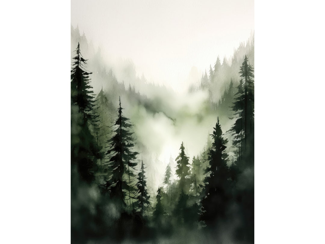 Evergreen Forest Poster Foggy Pine Trees Watercolor Painting Misty ...