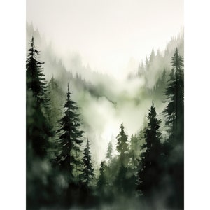 Immergrüner Wald Poster Pinien Bäume Aquarell Malerei Misty Mountains Kunstdruck Minimalistische Wandkunst