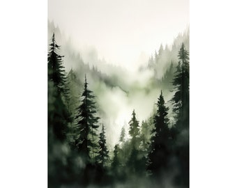 Evergreen Forest Poster Foggy Pine Trees Watercolor Painting Misty Mountains Art Print Minimalist Wall Art
